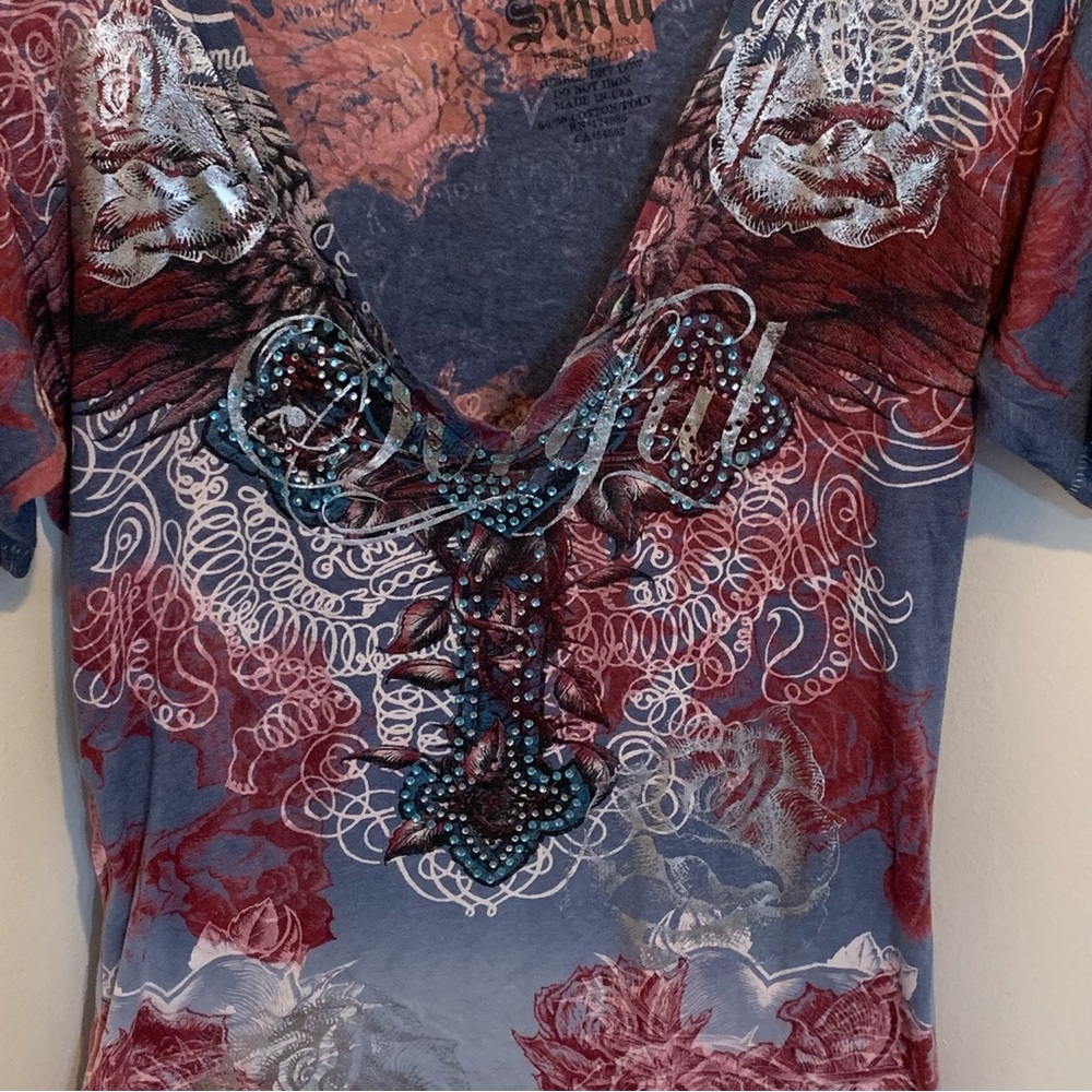 Sinful by Affliction Rhinestone and Rose Top - Picture 2 of 10